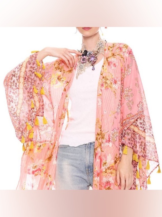Aratta Other - Aratta Pink Floral Sheer Kimono Wrap with Yellow Tassel Trim
